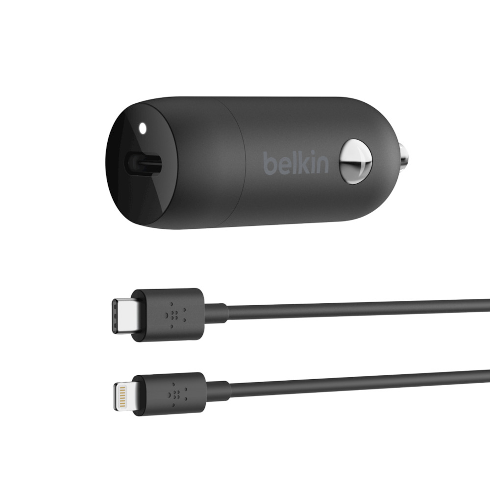 фото F7U099bt04-BLK Автомобильное зарядное устройство Belkin 18 Вт, USB-C, PD + кабель USB-CLightning, черный