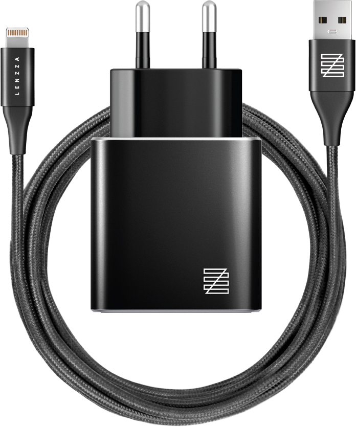 фото LSPWCMFI_BLK Сетевое зарядное устройство Lenzza Piazza, 2 USB 5В, 2,1А. + кабель Lightning на USB, черный