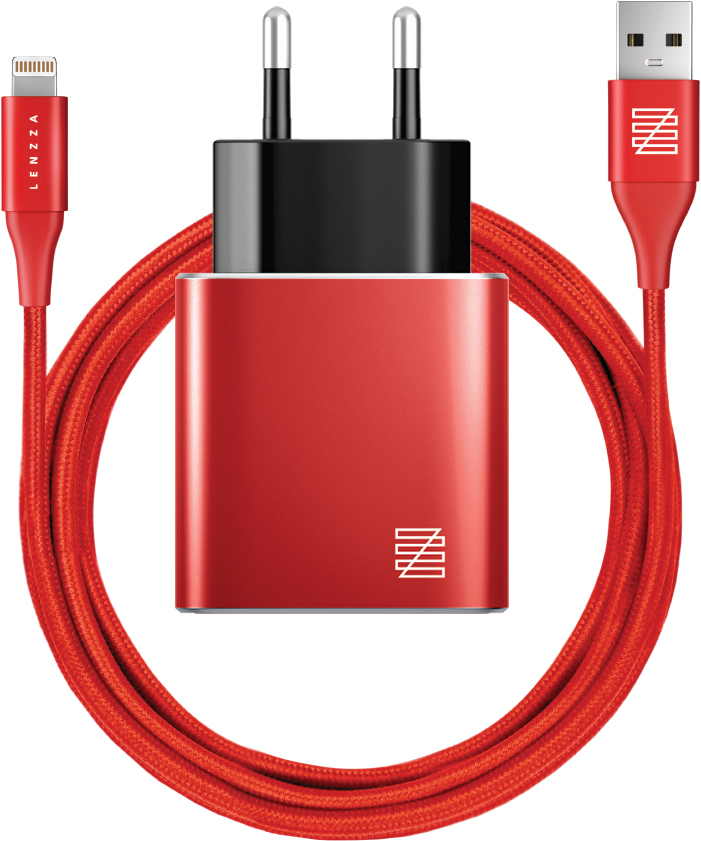 фото LSPWCMFI_RED Сетевое зарядное устройство Lenzza Piazza, 2 USB 5В, 2,1А. + кабель Lightning на USB, красный