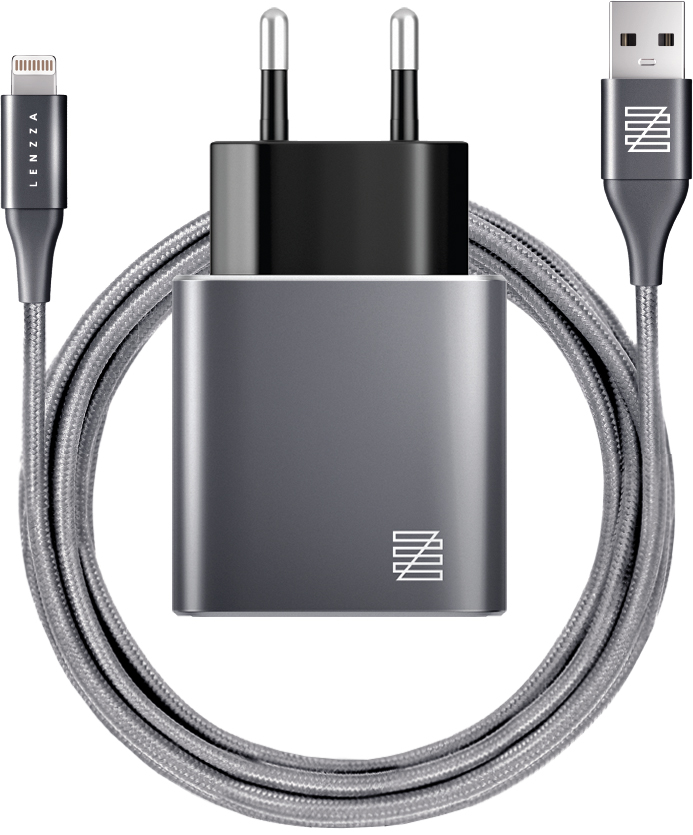 фото LSPWCMFI_GGRY Сетевое зарядное устройство Lenzza Piazza, 2 USB 5В, 2,1А. + кабель Lightning на USB, графит