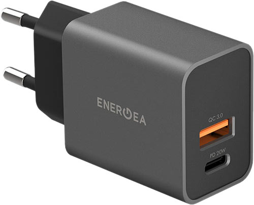 фото Сетевое зарядное устройство energea ampcharge usb-c + usb-a, pd, 20 вт, черный